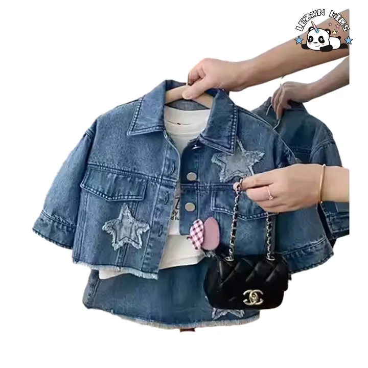 LEZONKIDS - Factory direct price spring autumn cool jacket and skirts denim girls dress sets for 2-14 year
